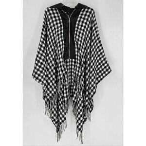 ADRIENNE VITTADINI SOFT HOUNDSTOOTH FAUX LEATHER PONCHO ZIP/FRINGE